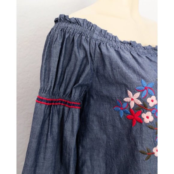 Max Studio 100% Cotton Floral Embroidered Off Shoulder Denim Chambray Dress M - Picture 9 of 15